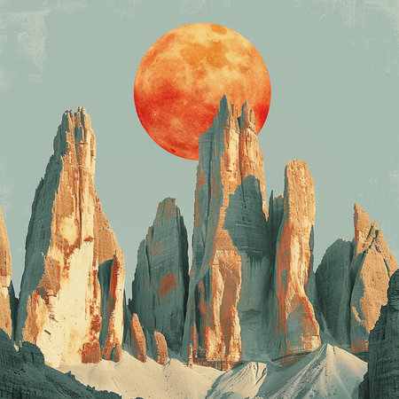 Mountain landscape with red moon in grunge style. Elements of this image furnished by NASAの素材