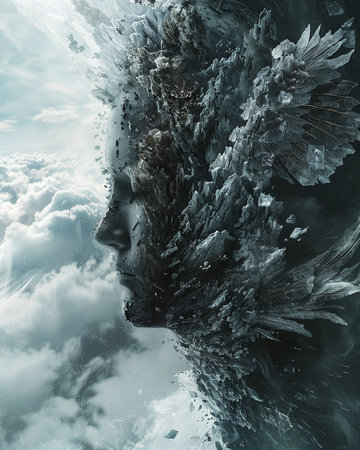 Fantasy image of a man's face made of ice and snowの素材