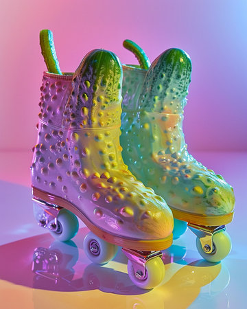 Retro roller skates with green cucumbers on a colorful backgroundの素材