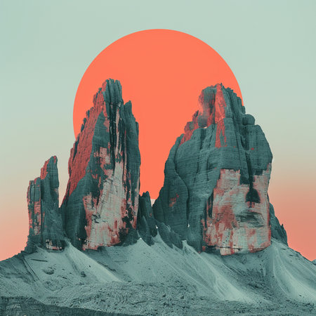 Sunset over the mountains. 3D illustrations. Vintage styles.の素材