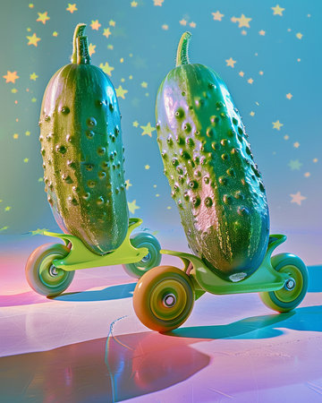 Two cucumbers on a toy car on a blue background with starsの素材