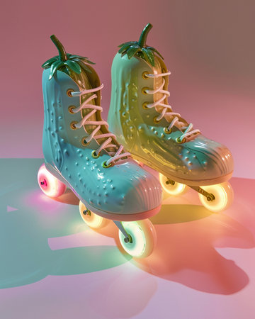 Retro roller skates on a pink background. 3d renderingの素材