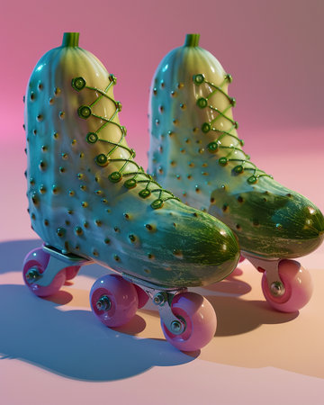 Vintage roller skates with cucumbers on a pink background.の素材