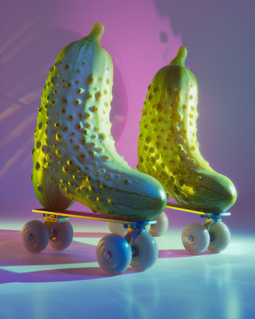 Two cucumbers on a skateboard in neon light. 3d renderingの素材