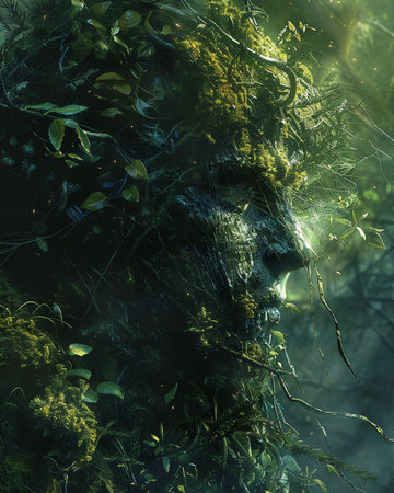 Dark forest with man face and tree. 3d render illustration.の素材
