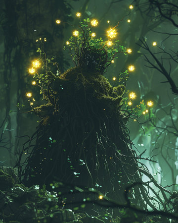 Fairytale spooky tree in the night forest. Halloween concept.の素材