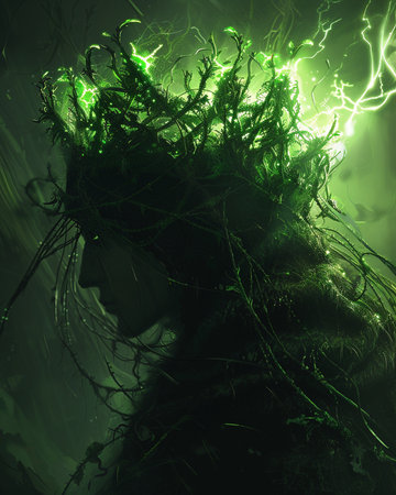 Fantasy woman with green hair and lightning in her hair. 3D renderingの素材