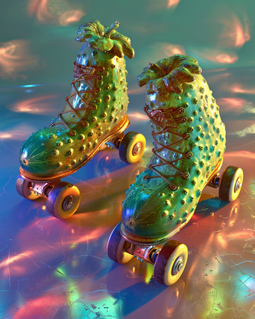 3D rendering of a pair of vintage roller skates on a reflective surfaceの素材