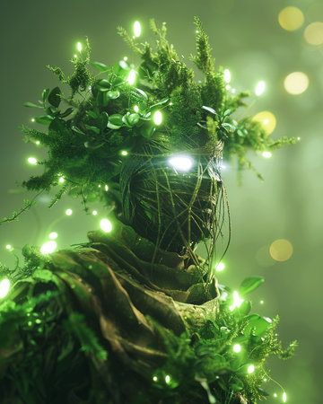 Fantasy woman in green dress with christmas lights on her headの素材