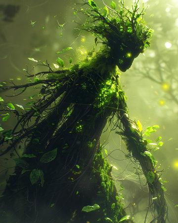 Beautiful fantasy green tree in the forest with fog and light.の素材