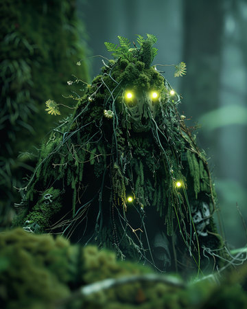Fantasy creature made of moss in the forest. 3d rendering.の素材