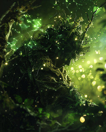 Fantasy alien woman in green forest. Fantasy forest. 3D renderingの素材