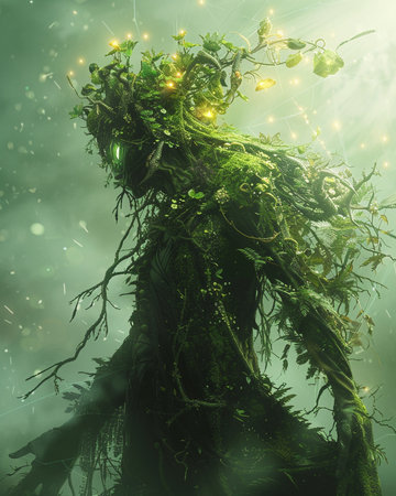 3d illustration of a fantasy alien woman in a misty forestの素材