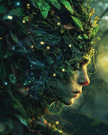 Fantasy portrait of a beautiful woman in green forest. Beauty, fashion.の素材