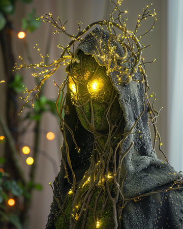 Fairy-like figure in a dark forest with a garlandの素材