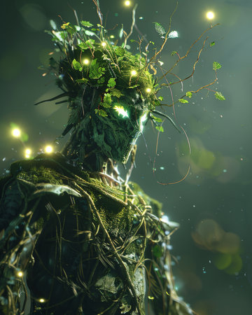 Young man in green fantasy forest with lights on his head. Halloween.の素材