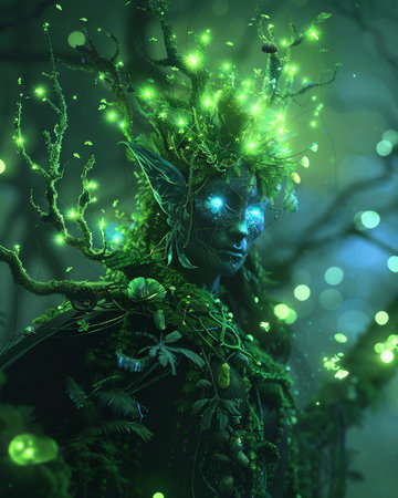 3D illustration of a fantasy alien woman in green fantasy forest with lightsの素材