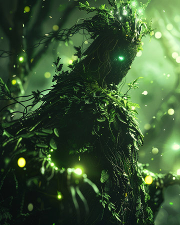 Fantasy green forest with trees, lights and bokeh. Halloween conceptの素材