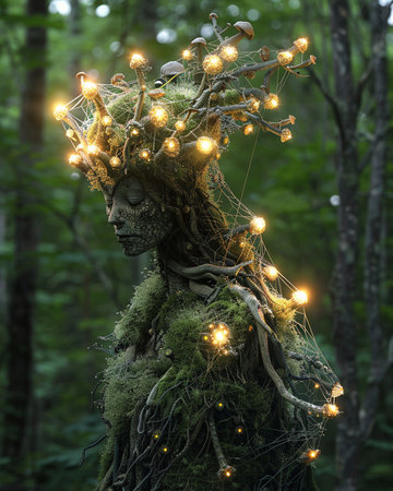 3D rendering of a female figure in the forest with fairy lightsの素材