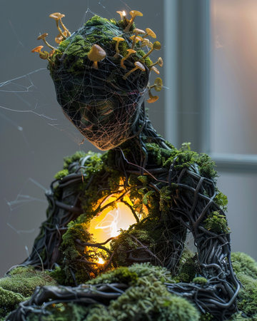 Garden decoration with green moss, spider web and burning candle.の素材