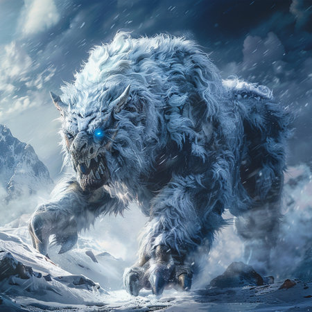 Fantasy alien creature in the snowy mountains. 3D illustrations.の素材
