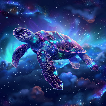 Hawksbill Sea Turtle in starry night sky. Vector illustration.の素材