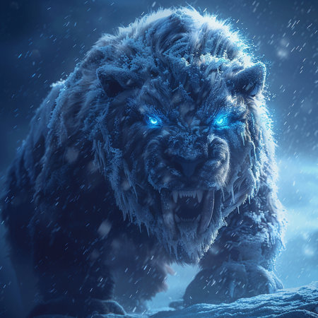 3D rendering of a big male white tiger with blue eyes and black fur standing in the snow.の素材