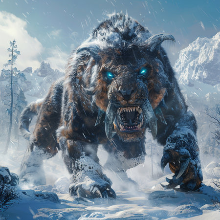 3D rendering of a monster in a snowy forest. Fantasy world.の素材