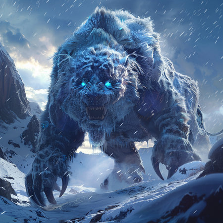 3D rendering of a monster in the snow with blue eyes.の素材