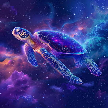 Hawksbill Sea Turtle in outer space. 3D illustrations.の素材
