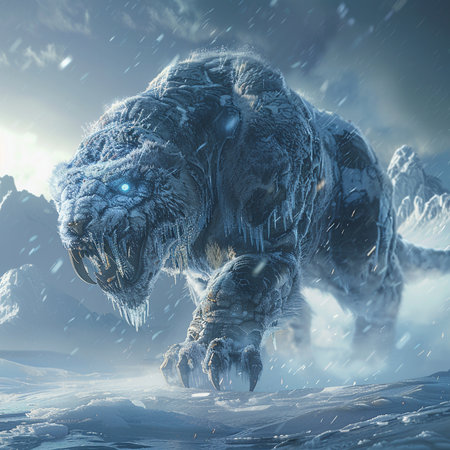 3d rendering of a dinosaur in a winter landscape with snow.の素材