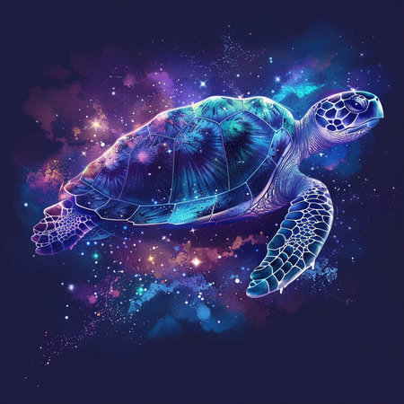 Hand drawn illustration of a sea turtle with cosmic background. Vector illustration.の素材