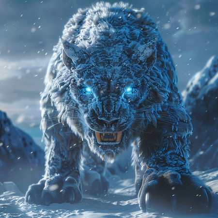 3D rendering of a big cat with blue eyes in the snowの素材