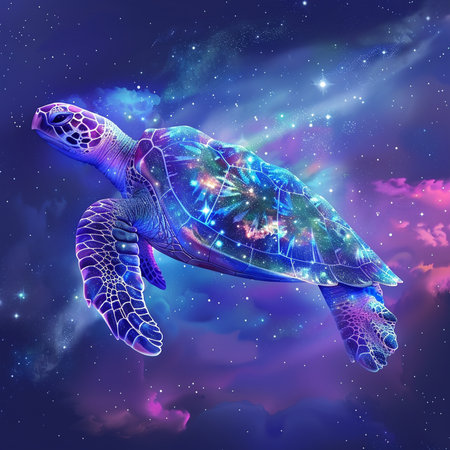 Galaxy and sea turtle. 3d illustration. Elements of this image furnished by NASAの素材