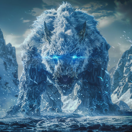 3D rendering of a monster in the background of the mountains.の素材