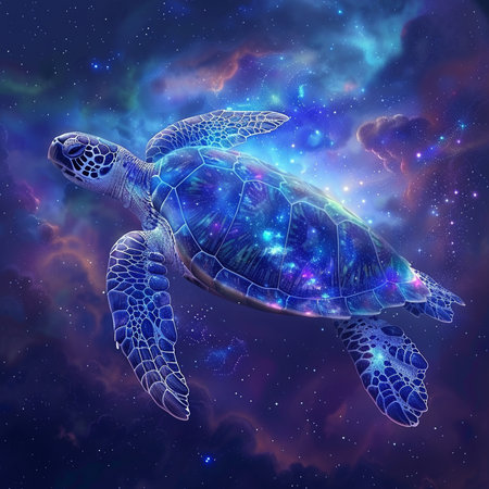 Hawksbill sea turtle in outer space. Colorful galaxy background.の素材