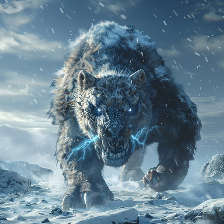 Fantasy scene with big wolf in the snow. 3d illustrationの素材