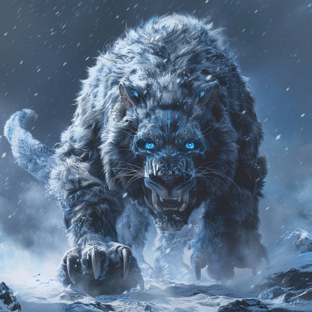 3D rendering of a big black panther monster in the snowの素材