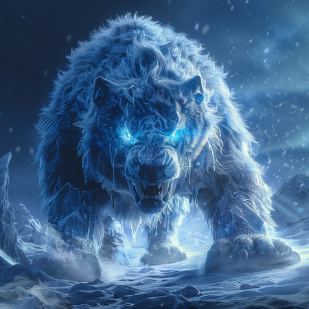 3D rendering of a polar bear in winter landscape with ice and snowの素材