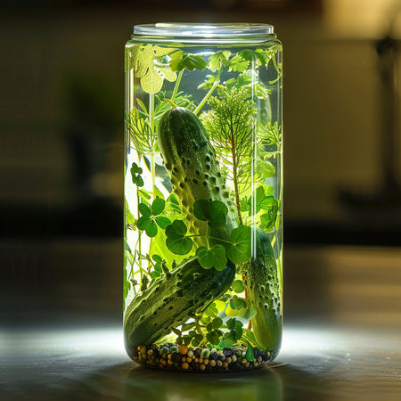 Cucumbers in a glass jar with green plants and soil.の素材