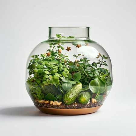 Glass vase with a variety of plants and vegetables in it.の素材