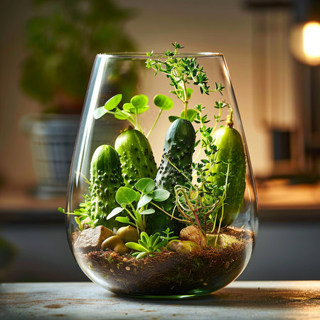 Cucumber seedlings in a glass vase with thymeの素材