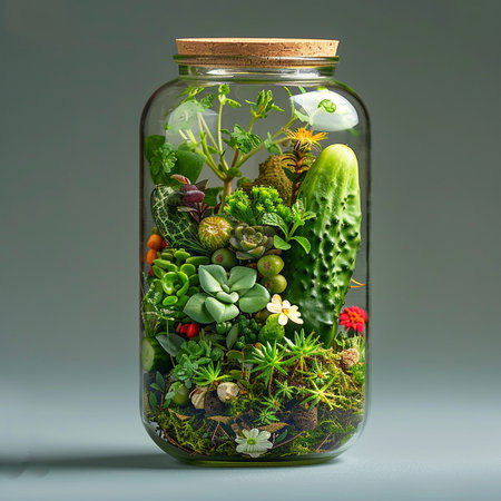 Glass jar with succulents, succulents and other plantsの素材