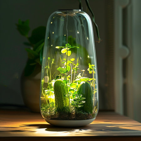 Glass vase with green plants inside illuminated by sunlight. 3D renderingの素材