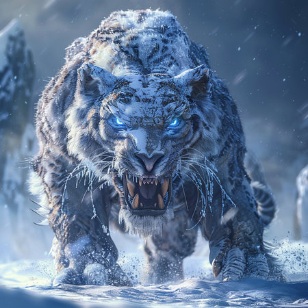3D rendering of a big cat tiger in the winter forest.の素材