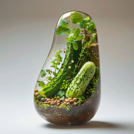 Cucumber and pea seedling in a glass vaseの素材