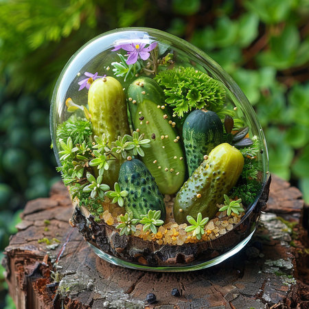 Glass dome with green fresh cucumbers and microgreens on the stumpの素材