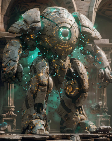 3D rendering of a robot in the background of the ancient ruinsの素材