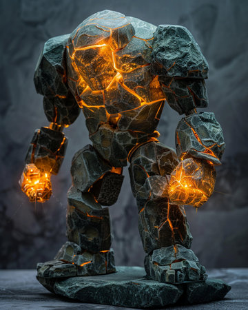 Robot made of stone with light bulb on dark background. Halloween conceptの素材