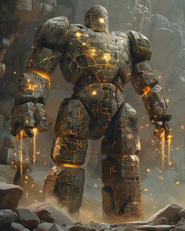 Futuristic robot with glowing lights on the background of stone wallの素材